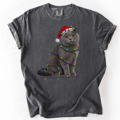 British Shorthair Christmas Lights Shirt, Comfort Colors Holiday Cat Lover Tee