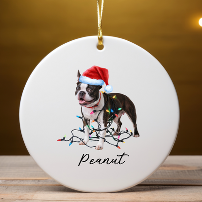 Personalized Boston Terrier Christmas Ornament, Ceramic Dog Lover Gift, Festive Lights Tree Decor