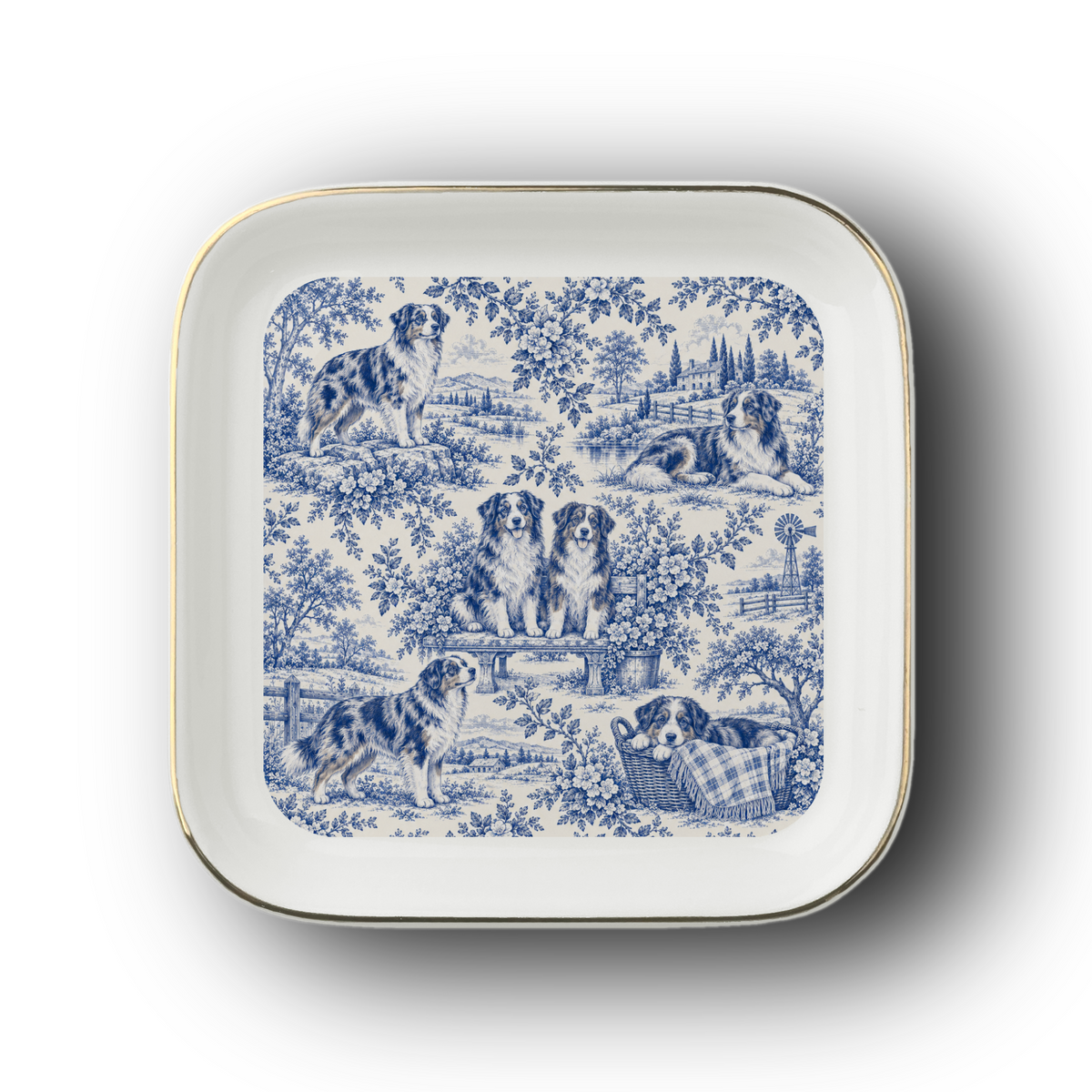 Australian Shepherd Jewelry Dish, Blue Toile Aussie Ring Dish, Dog Mom Gift, Trinket Tray