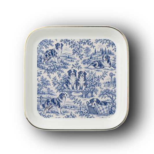 Australian Shepherd Jewelry Dish, Blue Toile Aussie Ring Dish, Dog Mom Gift, Trinket Tray