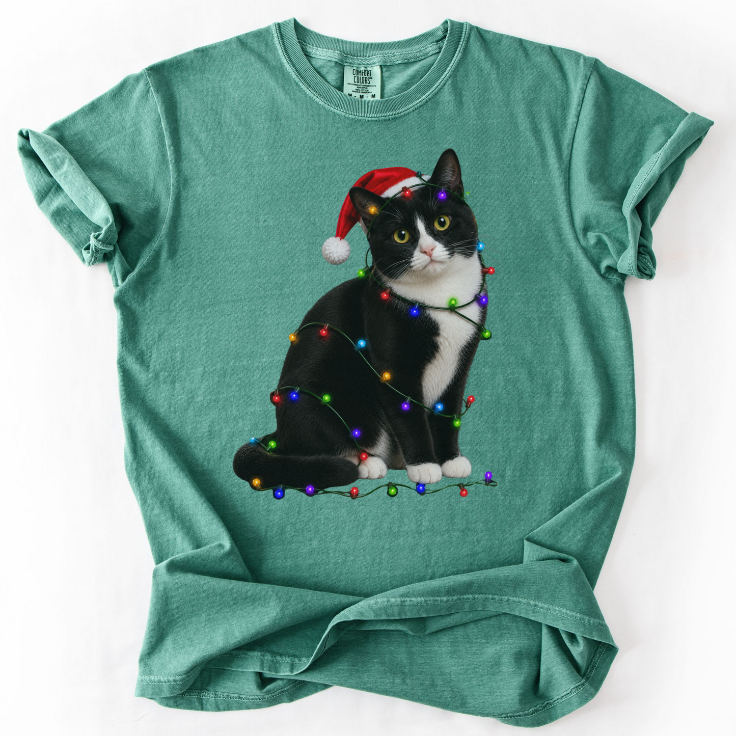 Tuxedo Cat Christmas Lights Shirt, Comfort Colors Holiday Cat Lover Tee