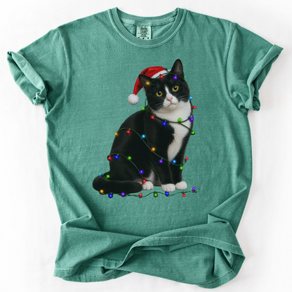 Tuxedo Cat Christmas Lights Shirt, Comfort Colors Holiday Cat Lover Tee