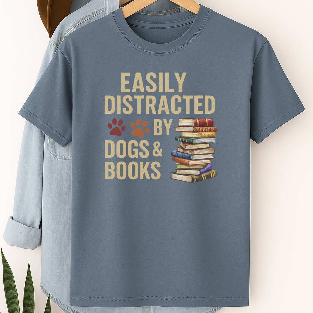 Easily Distracted by Dogs and Books Shirt Dog Lover Bookworm Tee Funny Dog Mom Gift Pet and Book Lover T-Shirt