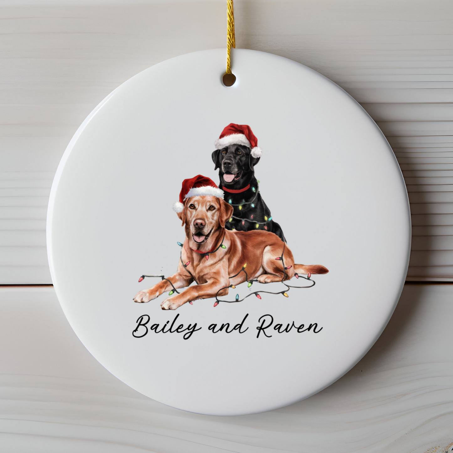 Personalized Red Fox and Black Labrador Christmas Lights Ornament