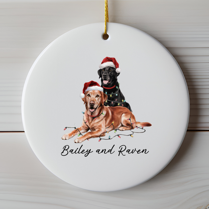 Personalized Red Fox and Black Labrador Christmas Lights Ornament