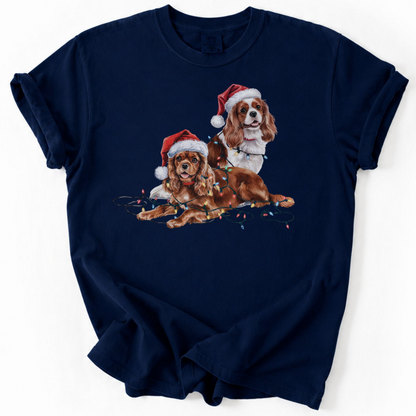 Cavalier King Charles Spaniel Christmas Shirt, Ruby and Blenheim Spaniel Gift, Dog Santa Hat Tee, Festive Holiday Dog Art