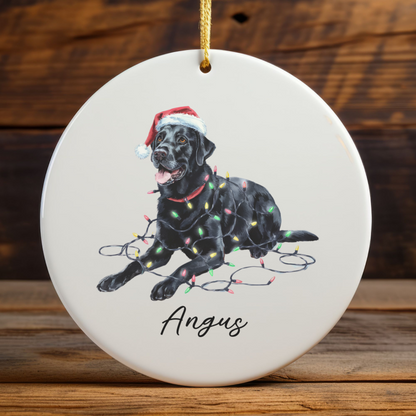 Personalized Black Labrador Christmas Ornament, Ceramic Dog Keepsake, Festive Lights Lab