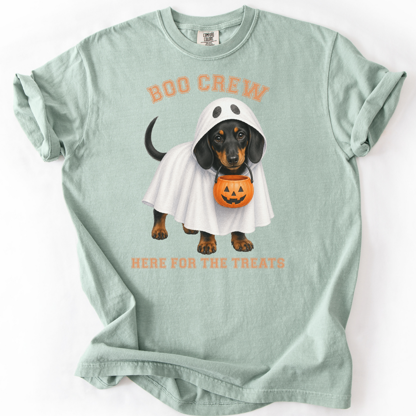 Black & Tan Dachshund Boo Crew Halloween Shirt, Here for the Treats Dog Mom Tee