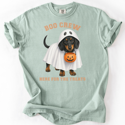 Black & Tan Dachshund Boo Crew Halloween Shirt, Here for the Treats Dog Mom Tee