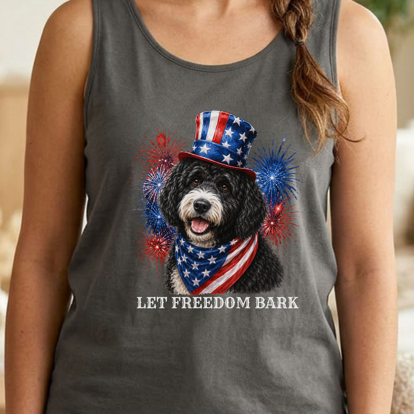 Black Portuguese Water Dog Tank Top, Patriotic Let  Freedom Bark