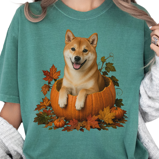 Red Shiba Inu Pumpkin Shirt, Cute Fall Dog Lover T-Shirt for Autumn Vibes