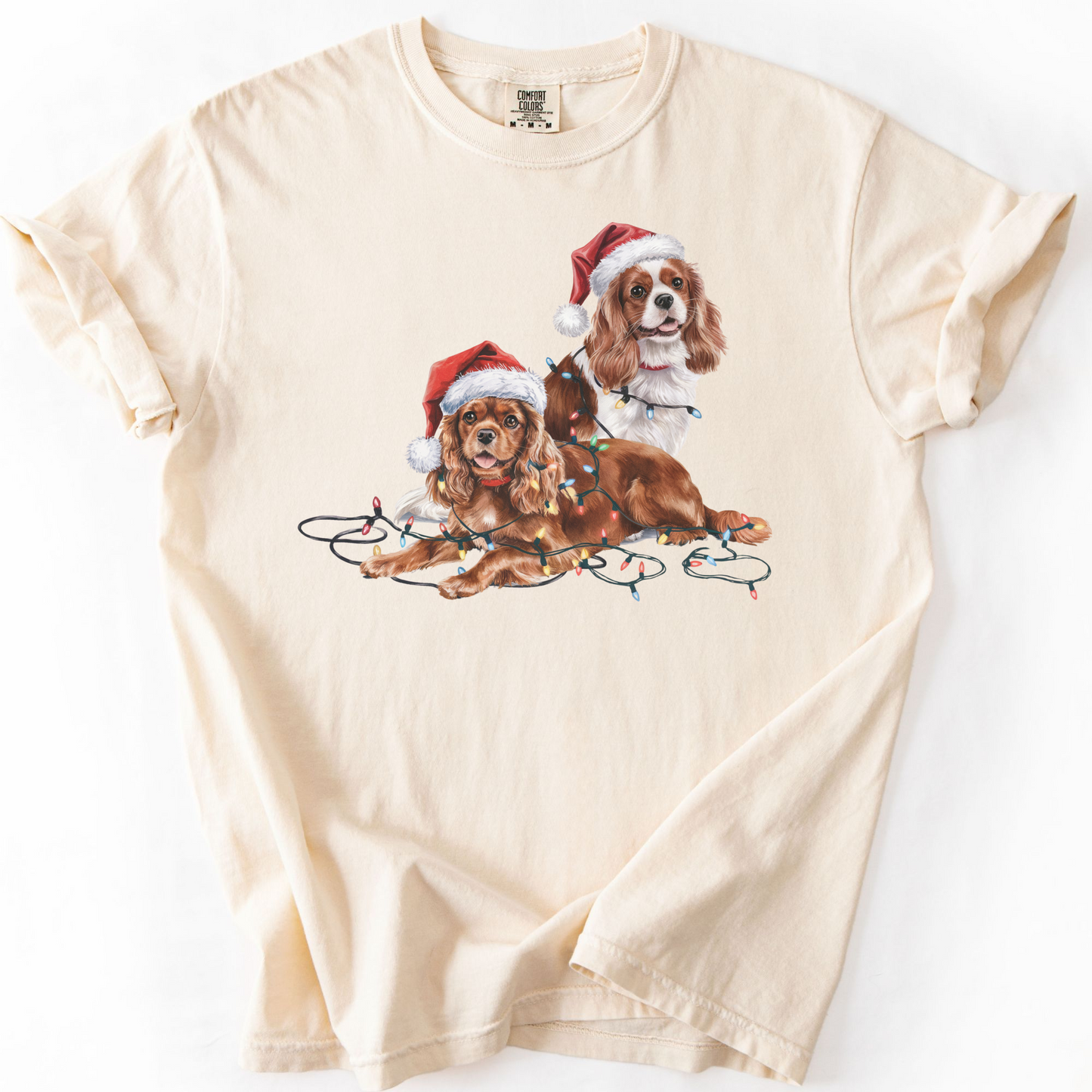 Cavalier King Charles Spaniel Christmas Shirt, Ruby and Blenheim Spaniel Gift, Dog Santa Hat Tee, Festive Holiday Dog Art