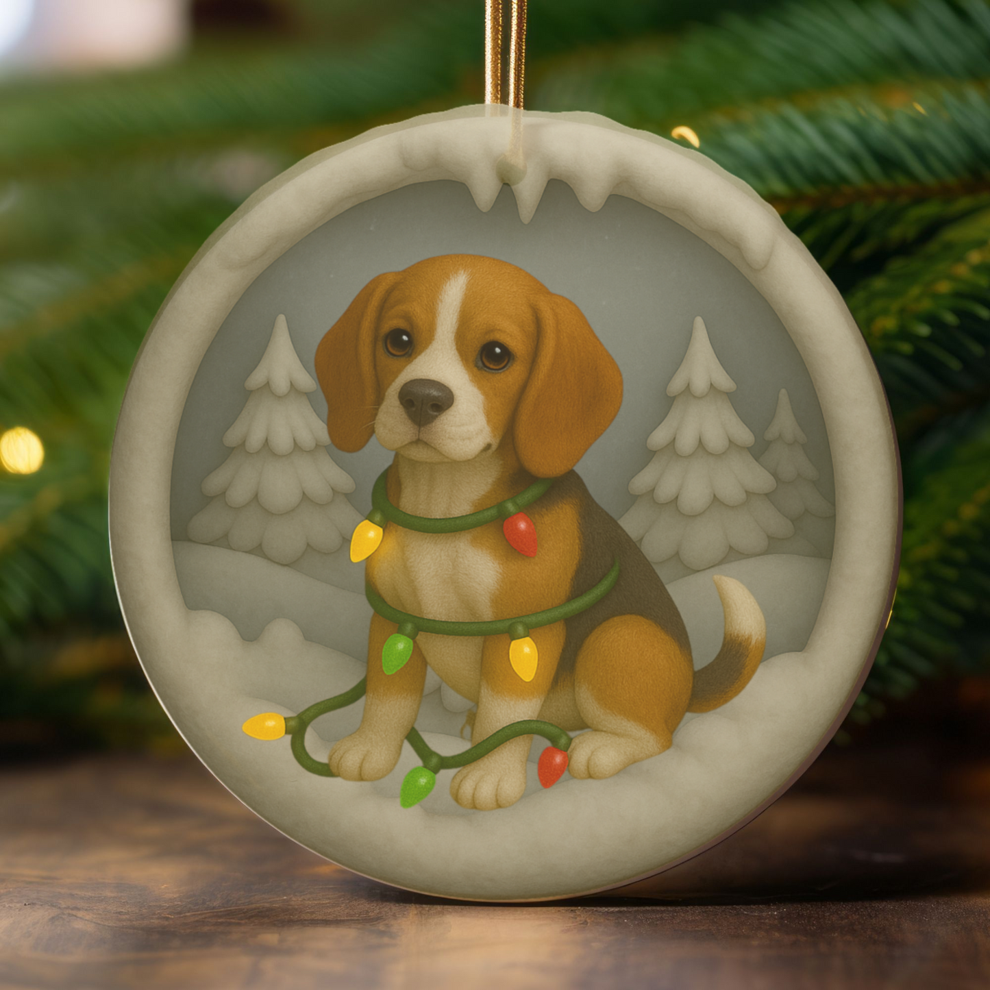 Personalized Beagle Christmas Ornament, Custom Dog with Holiday Lights Keepsake