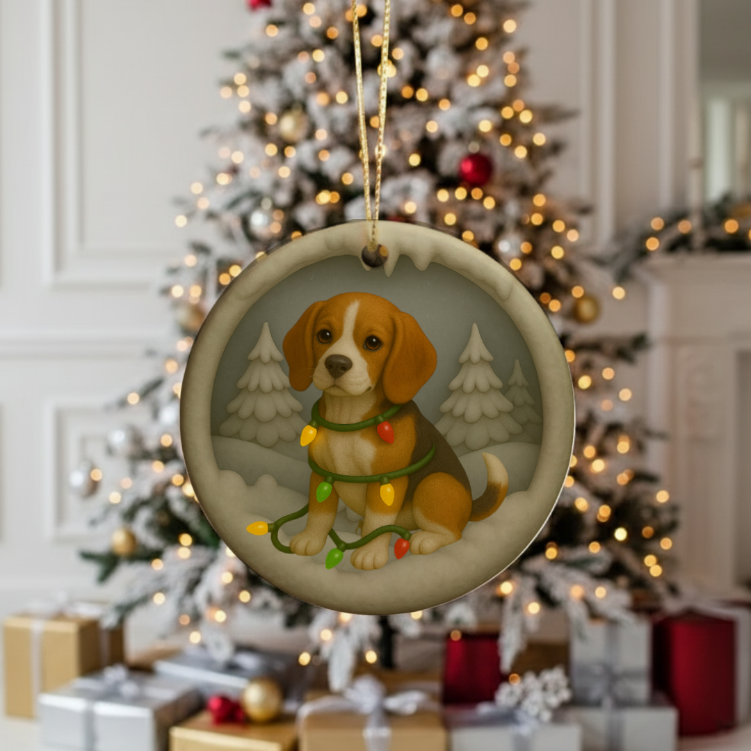 Personalized Beagle Christmas Ornament, Custom Dog with Holiday Lights Keepsake
