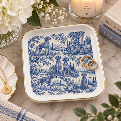 Vizsla Jewelry Dish, Blue Toile Dog Ring Dish, Vizsla Mom Gift, Ceramic Trinket Tray