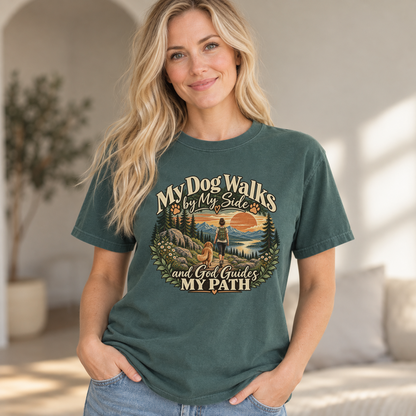 Christian Dog Mom Shirt, My Dog Walks by My Side, Faith Based Hiking Tee
