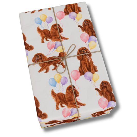 Ruby Cavalier Birthday Wrapping Paper, Dog Gift Wrap for Cavalier King Charles Spaniel Lovers