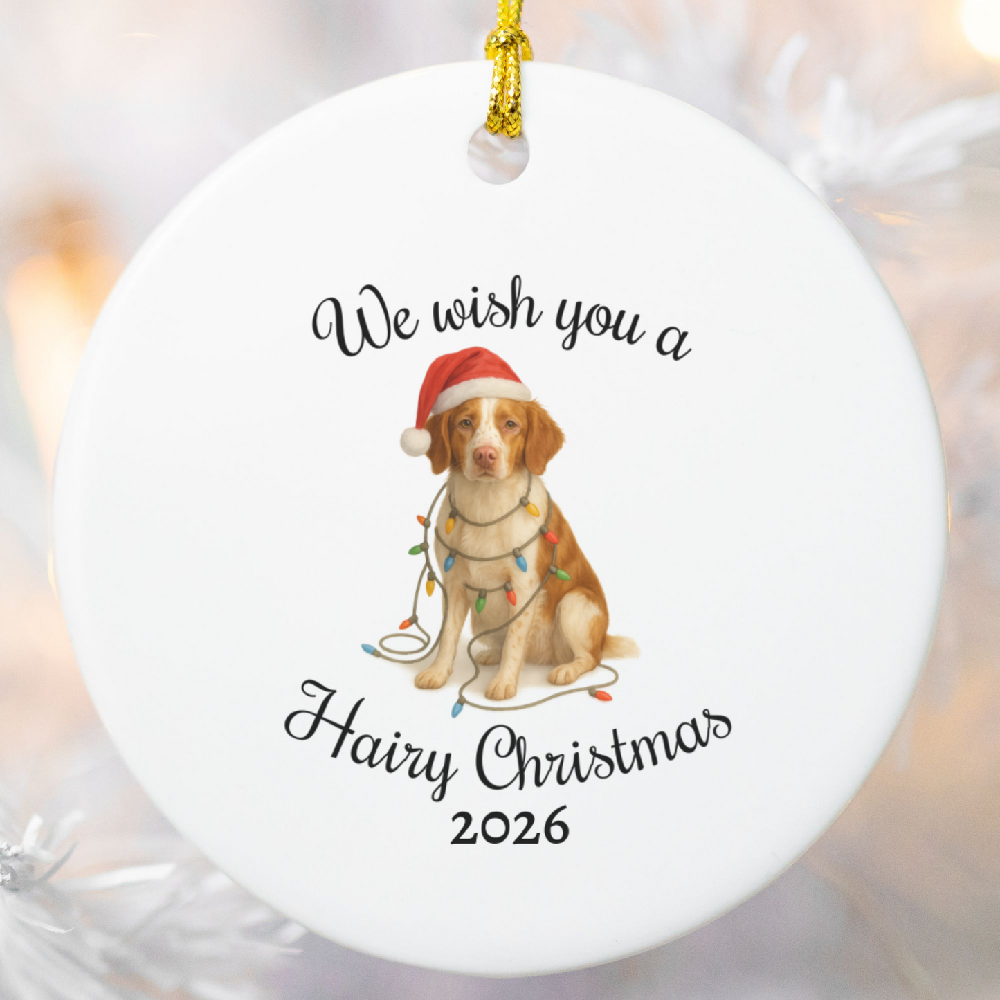 Brittany Spaniel Ornament, Personalized Dog Holiday Keepsake, Ceramic Christmas Decoration, Custom Date, Pet Lover Gift