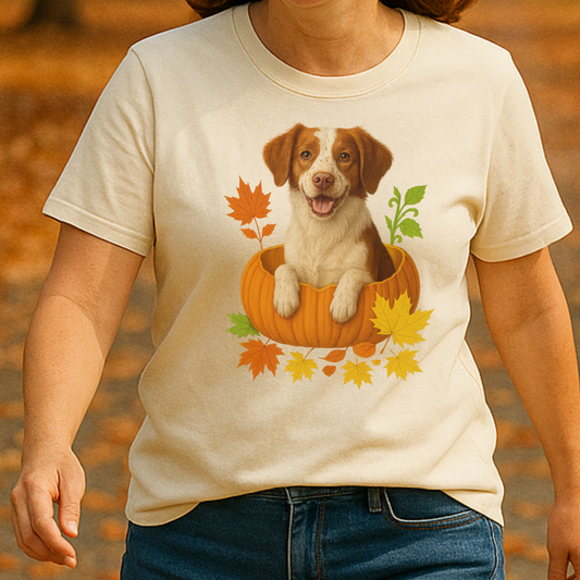 Brittany Spaniel in Pumpkin Fall Shirt, Cute Autumn Dog Tee for Brittany Lovers