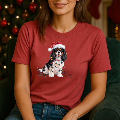 Tri-Color Cavalier King Charles Spaniel Christmas T-Shirt, Festive Dog Lover Holiday Gift, Santa Hat Dog Tee, Cute Cavalier Art