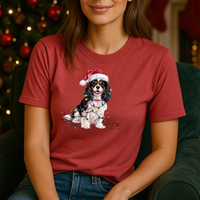 Load image into Gallery viewer, Tri-Color Cavalier King Charles Spaniel Christmas T-Shirt, Festive Dog Lover Holiday Gift, Santa Hat Dog Tee, Cute Cavalier Art
