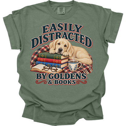 English Cream Golden Retriever Shirt, Easily Distracted by Goldens and Books, Book Lover Tee