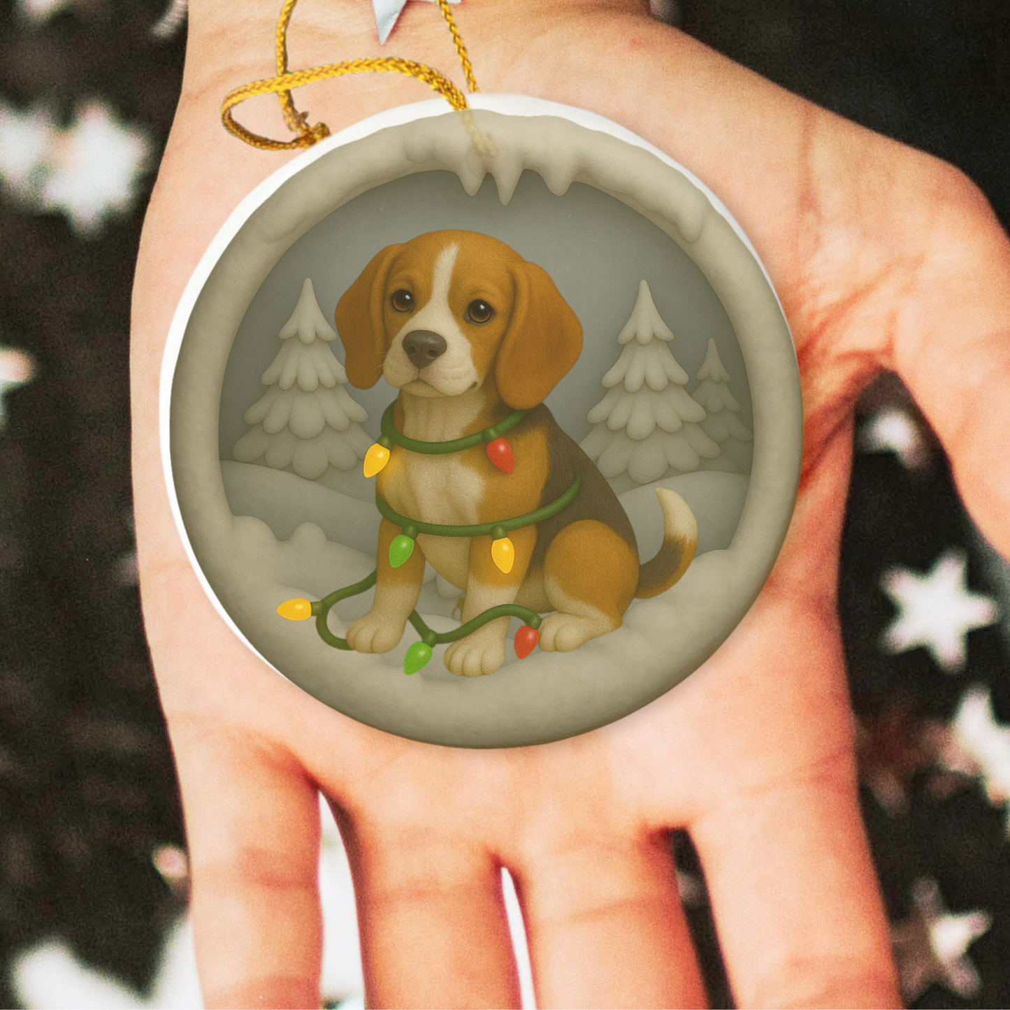 Personalized Beagle Christmas Ornament, Custom Dog with Holiday Lights Keepsake
