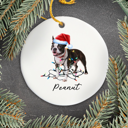 Personalized Boston Terrier Christmas Ornament, Ceramic Dog Lover Gift, Festive Lights Tree Decor
