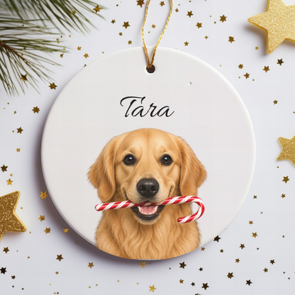 Personalized Golden Retriever Candy Cane Ornament