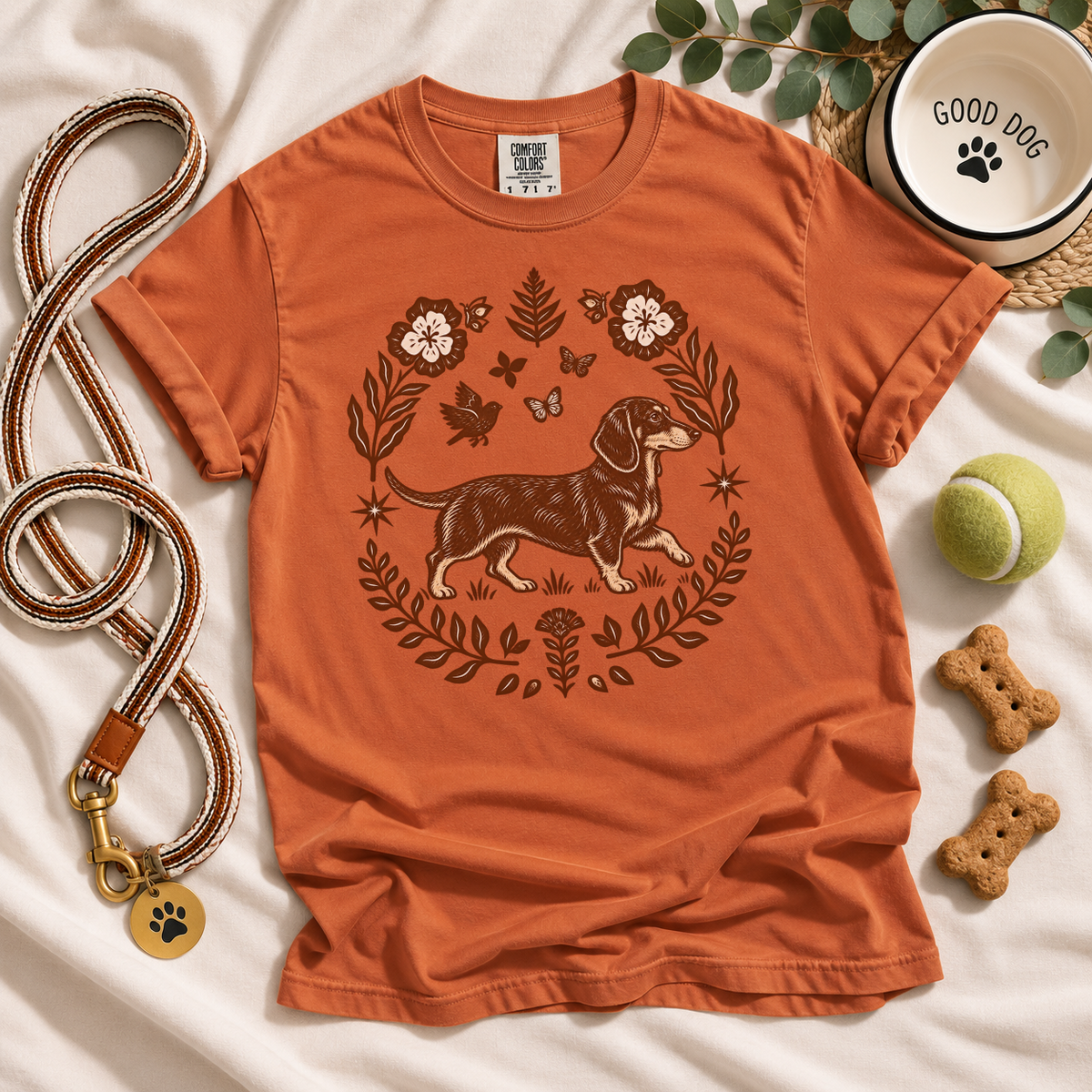 Black and Tan Dachshund Comfort Colors Shirt, Folk Art Doxie Tee, Wiener Dog Gift
