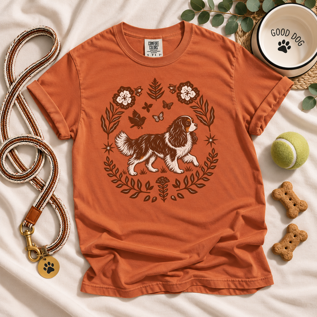 Tricolor Cavalier Comfort Colors Shirt, Folk Art King Charles Spaniel Tee, Dog Gift