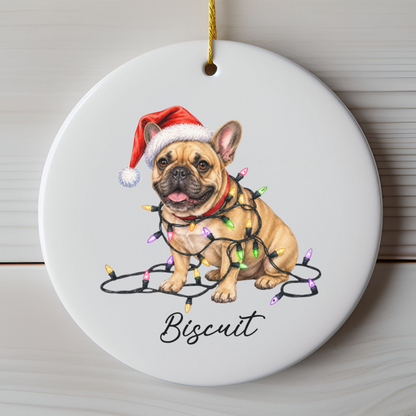 Personalized Fawn French Bulldog Ceramic Ornament, Dog Christmas Gift, Festive Lights Keepsake