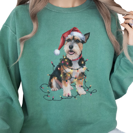 Christmas Norfolk Terrier Sweatshirt, Dog Tangled in Lights, Festive Dog Lover Apparel