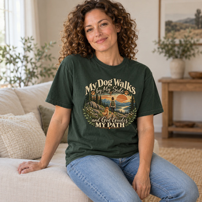 Christian Dog Mom Shirt, My Dog Walks by My Side, Faith Based Hiking Tee