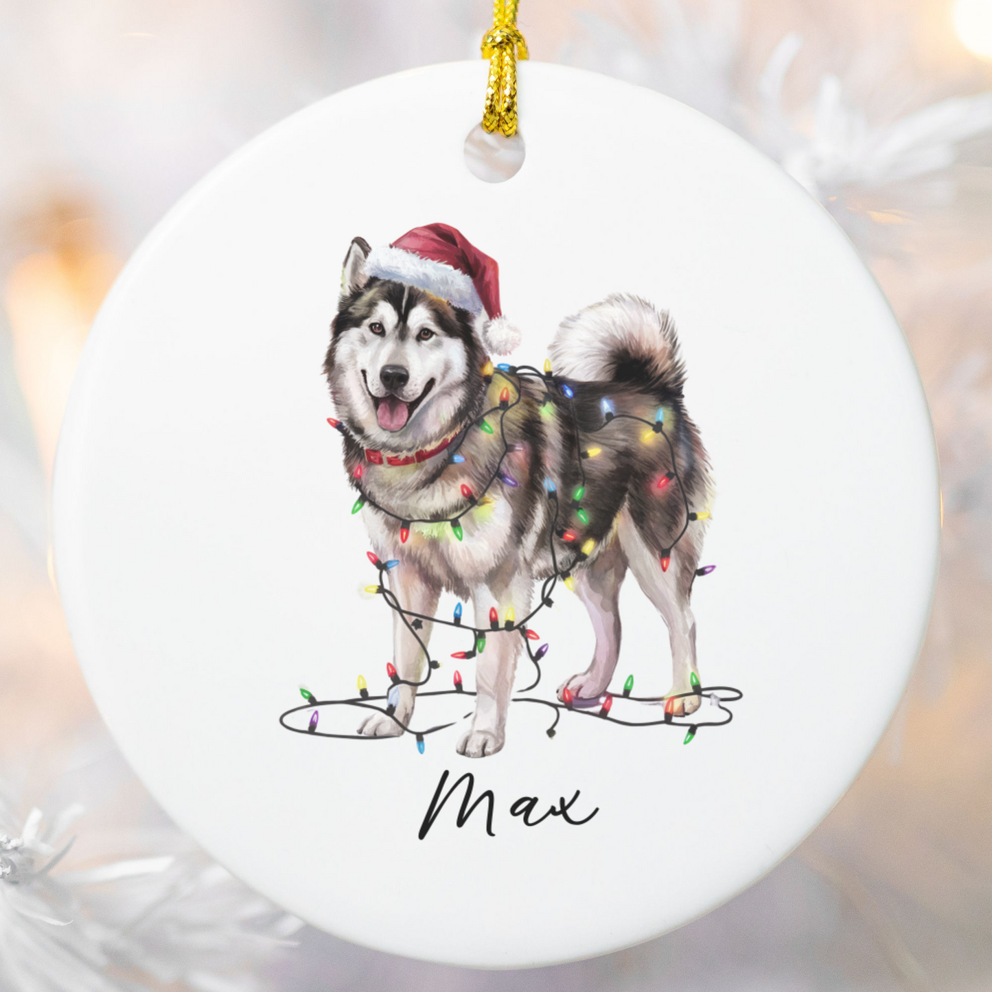 Personalized Alaskan Malamute Christmas Ornament, Dog Name Decor, Ceramic Pet Gift