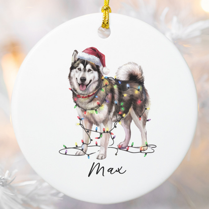 Personalized Alaskan Malamute Christmas Ornament, Dog Name Decor, Ceramic Pet Gift