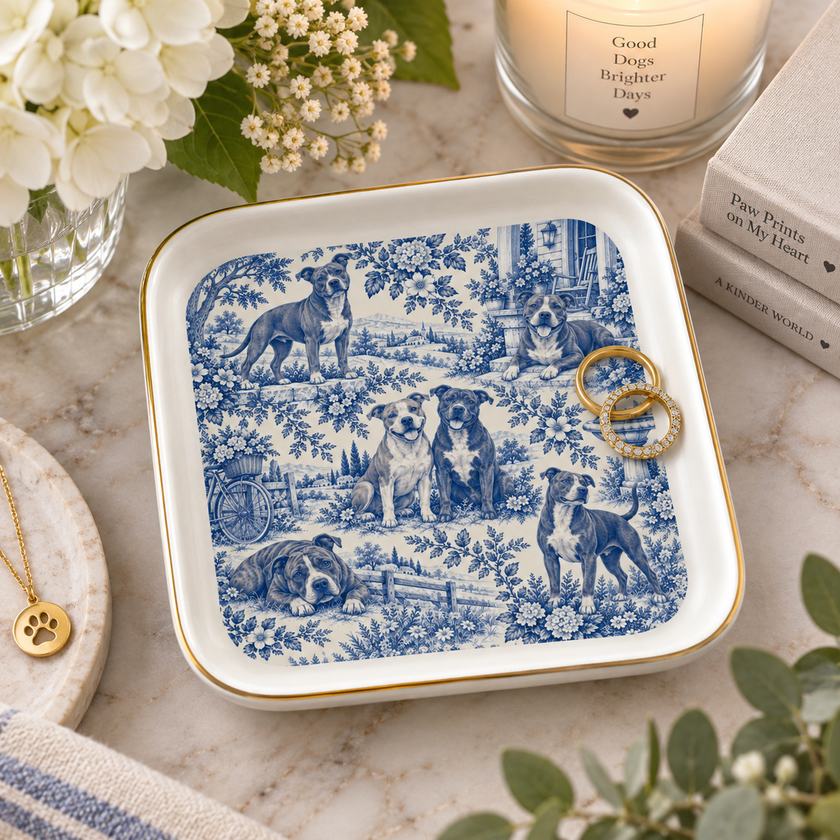 Pit Bull Jewelry Dish, Blue Toile Pittie Ring Dish, Pitbull Mom Gift, Trinket Tray