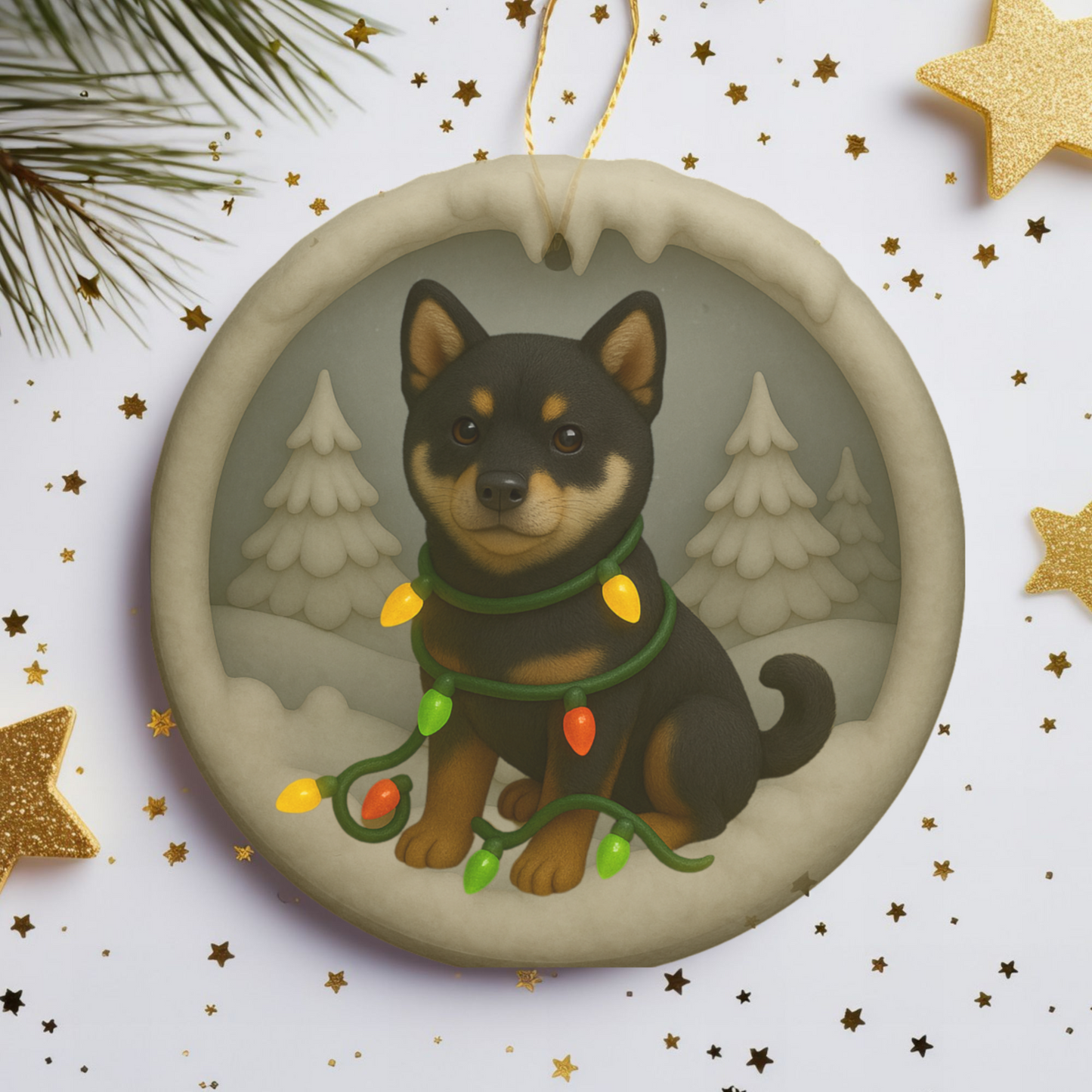 Personalized Black Shiba Inu Christmas Ornament, 3D Clay-Style Dog Keepsake with Lights