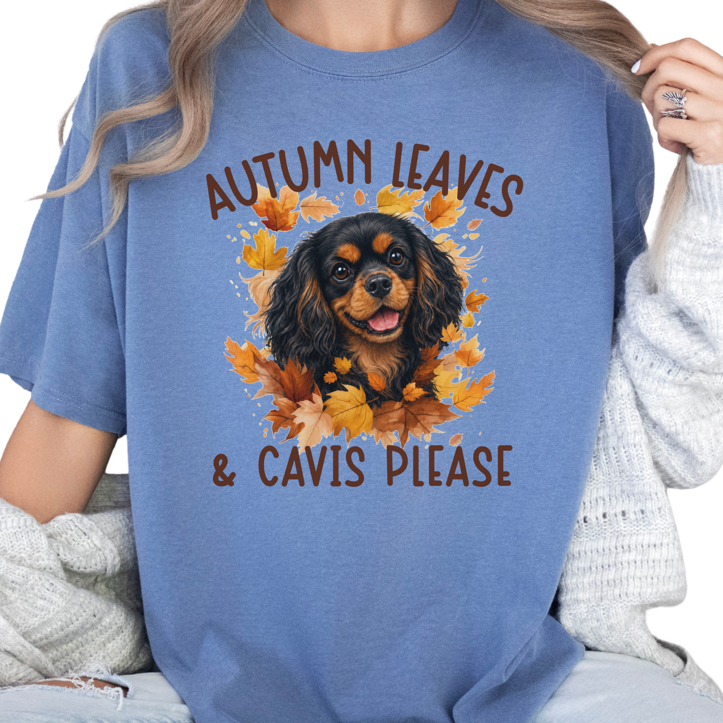 Black and Tan Cavalier Mom Fall Shirt, Autumn Leaves & Cavaliers Please