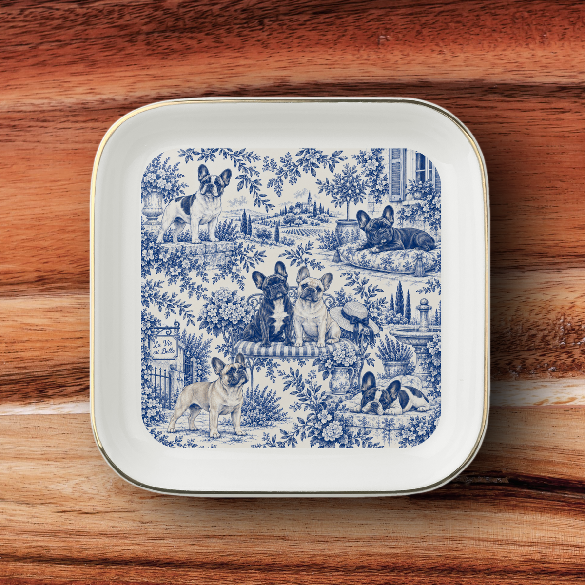 French Bulldog Jewelry Dish, Blue Toile Frenchie Ring Dish, Dog Lover Gift, Trinket Tray