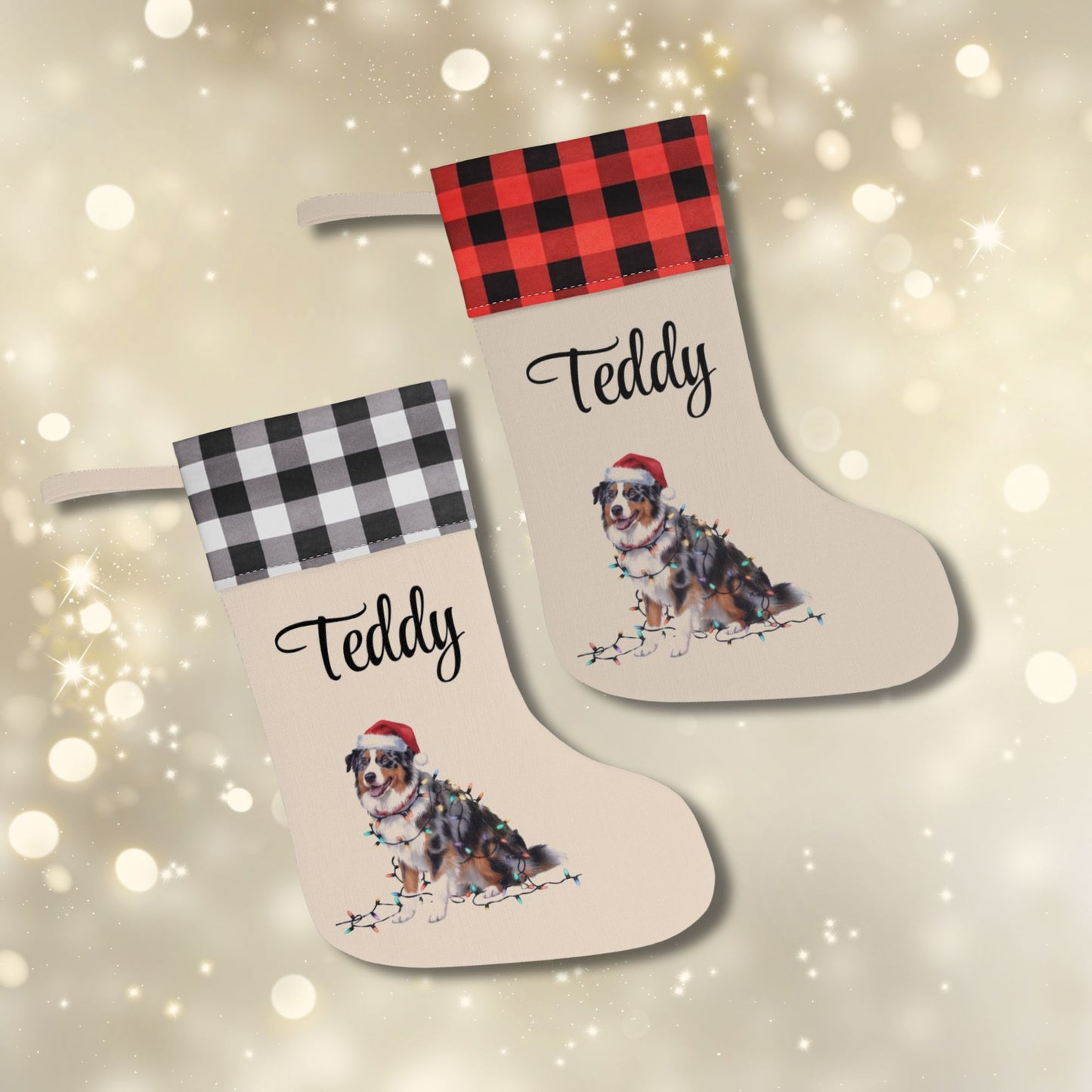 Personalized Christmas Australian Shepherd Stocking, Xmas Decor, Plaid Cuff Holiday Stocking