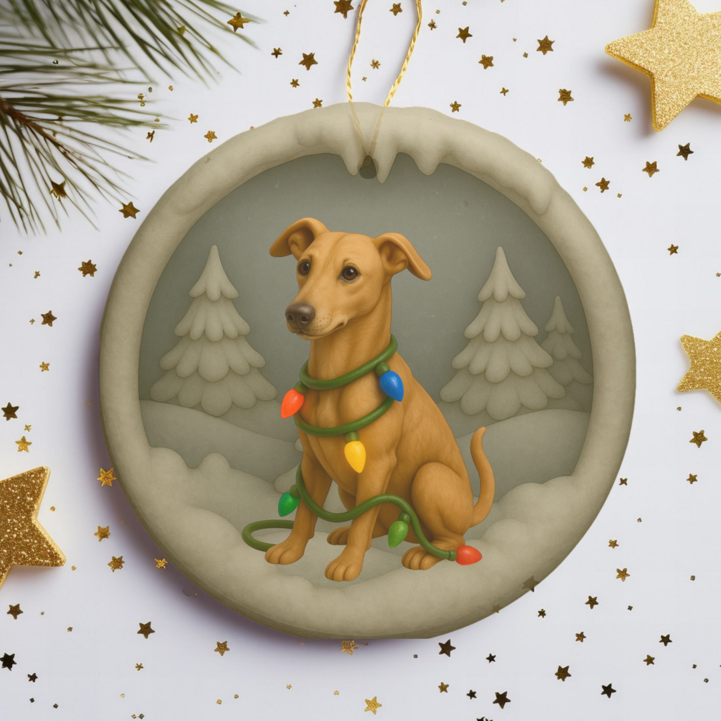 Personalized Greyhound Christmas Ornament, 3D Clay-Style Dog Keepsake with Lights