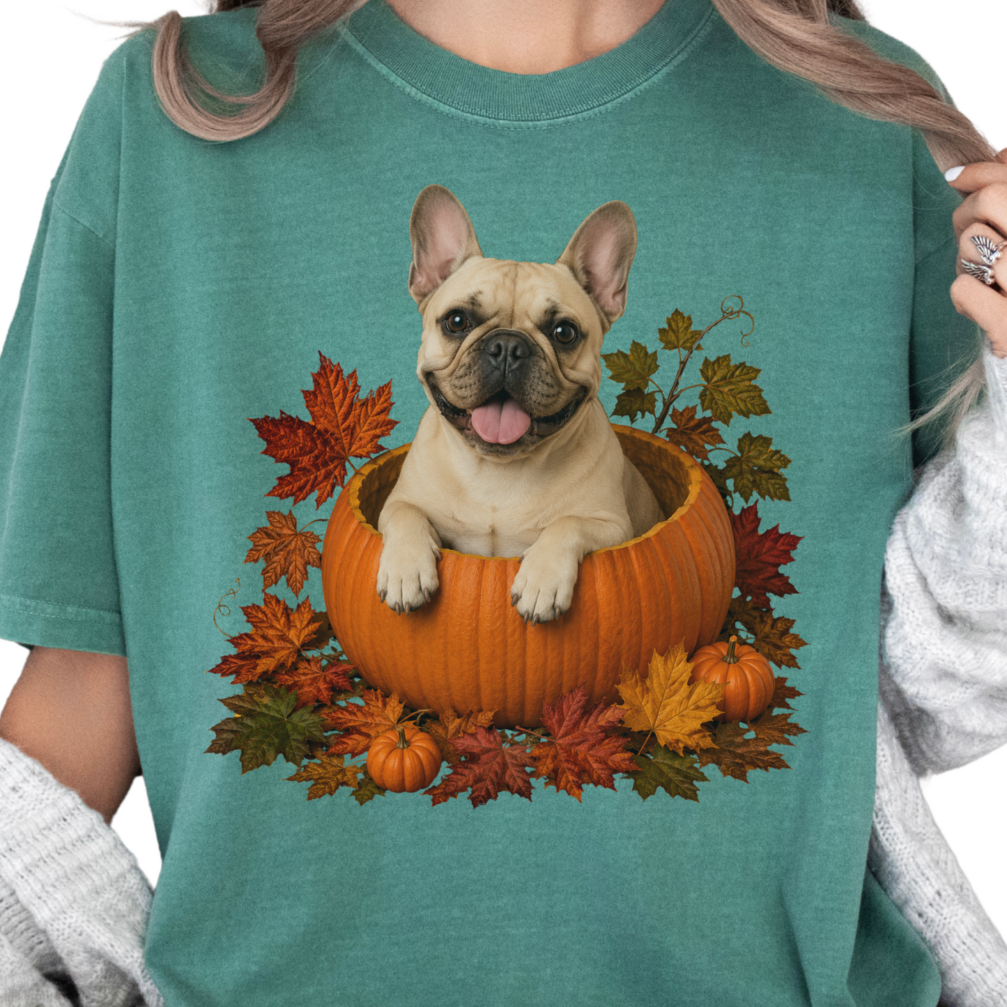 Fawn French Bulldog in Pumpkin Fall Shirt, Cute Autumn Dog Tee for Frenchie Lovers