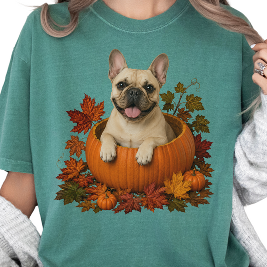 Fawn French Bulldog in Pumpkin Fall Shirt, Cute Autumn Dog Tee for Frenchie Lovers