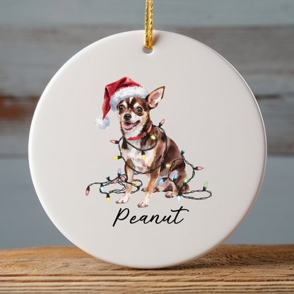 Personalized Black Chihuahua Christmas Ornament, Santa Hat Lights Ceramic Keepsake