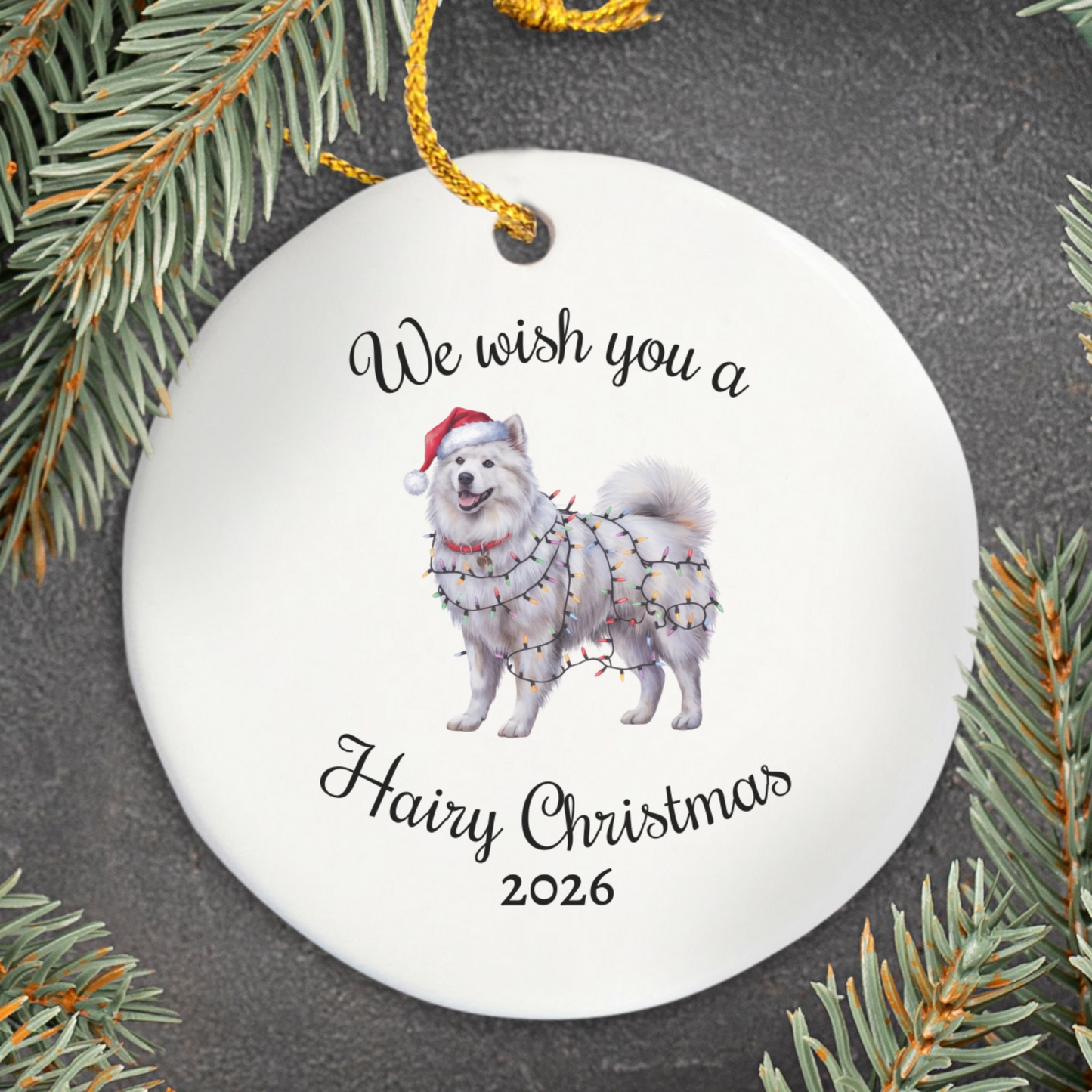 Christmas Samoyed Ornament, Christmas Lights Dog Keepsake