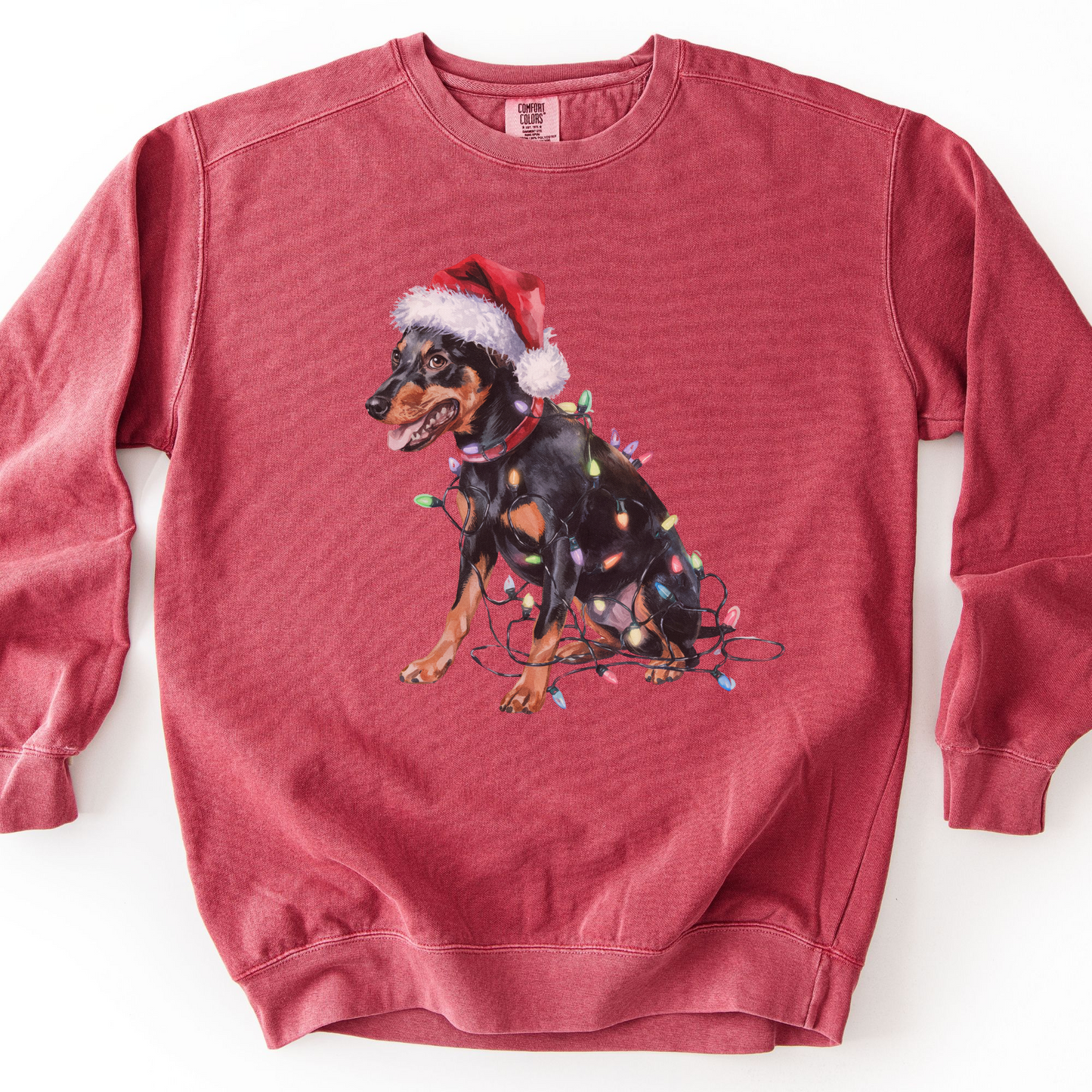 Miniature Pinscher Christmas Lights Dog Sweatshirt, Festive Min Pin Mom Apparel