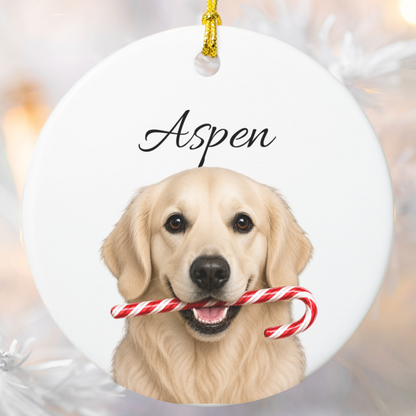 Personalized English Cream Golden Retriever Candy Cane Ornament