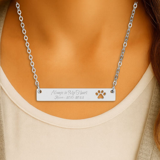 Personalized Pet Memorial Engraved Paw Print Bar Necklace, Always in My Heart Dog or Cat Loss Gift