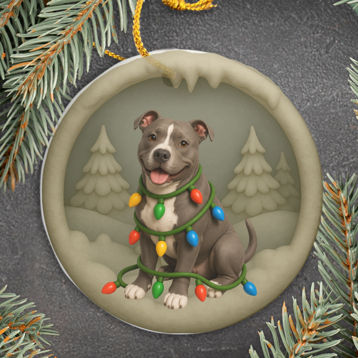 Pitbull Christmas Ornament, Personalized Pitbull Puppy with Holiday Lights, Custom Dog Lover Gift, Tree Decoration